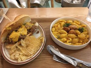 Philly cheesesteak sandwich, mac n cheese pasta  at Plant Cafe & Kitchen - Yeonnam in Seoul