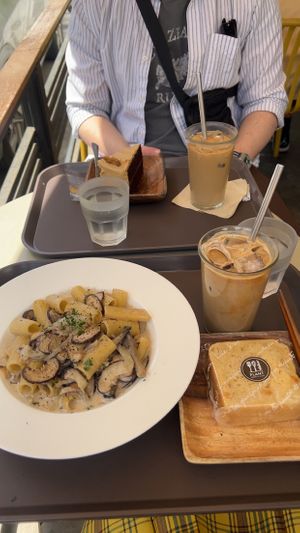 Truffle cream pasta and chocolate peanut butter cake  at Plant Cafe & Kitchen - Yeonnam in Seoul