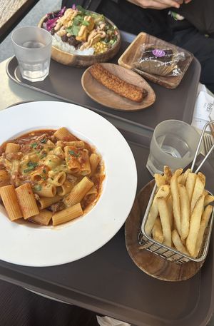 Pasta with chicken bowl, tempeh, fries and brownie   at Plant Cafe & Kitchen - Yeonnam in Seoul