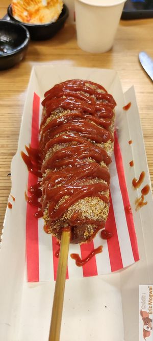 Corn Dog vegan, awesome vegan Sausage with sweet, salty coated in a kind of bread at GangNam Falafel in Paris