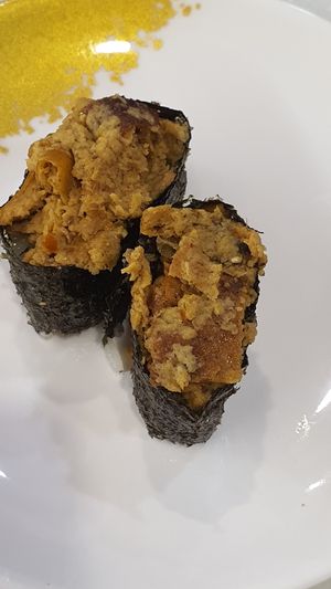 Spicy otah sushi. The portion a little small and not equal. Seaweed seems loosen upon serving. 

The taste is good though. at Saute Sushi 素特•素司 in Central Singapore