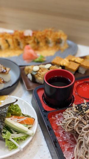 Vegan Cold Soba with Ponzu Dipping Sauce, Zalmon Cucumber Temaki Handroll, Enoki Tempura Nigiri, Spicy Otah Nigiri, Volcano Lava Special Roll at Saute Sushi 素特•素司 in Central Singapore