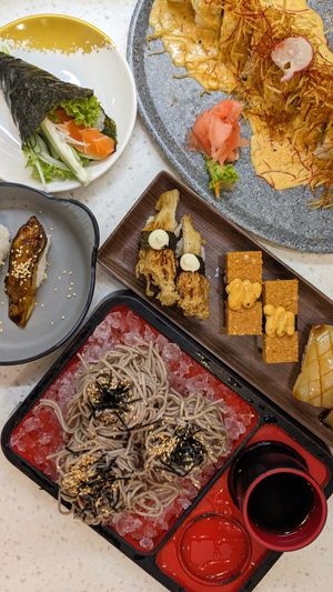 Vegan Cold Soba with Ponzu Dipping Sauce, Zalmon Cucumber Temaki Handroll, Enoki Tempura Nigiri, Spicy Otah Nigiri, Volcano Lava Special Roll at Saute Sushi 素特•素司 in Central Singapore