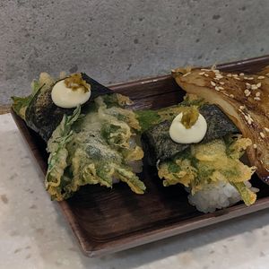 Vegan Yuzu Green Pepper Salt Tempura Shiso w Mayo Nigiri at Saute Sushi 素特•素司 in Central Singapore