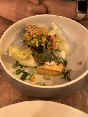 Starter: Tacos - Nori Tempura with corn and beetroot. Great umami sauce    at Le Very'table  in Lunel