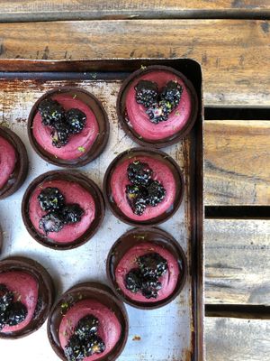 Pickled blackberry & dark chocolate tart (vg) at Breid Bakers in East London