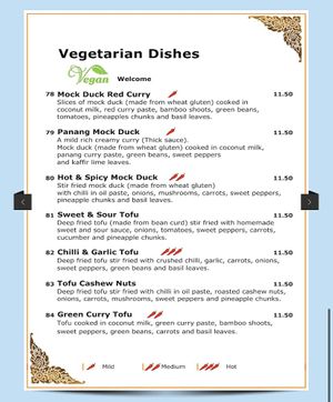 Vegetarian mains menu at Chai-Yo Thai Restaurant in Sheringham