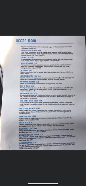 Vegan menu  at Annette's in Salem