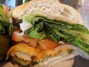 Vegan Chickenless sandwich with tatertots at Annette's in Salem