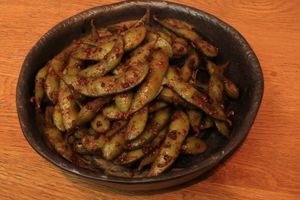 Fresh boiled Edamame coated with Spicy chili flakes  at Korean BBQ House- Barbican in London