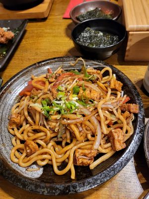 Yaki soba with tofu, crispy seaweed at Korean BBQ House- Barbican in London