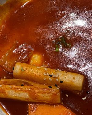 Ricke cakes in the sauce at Korean BBQ House- Barbican in London