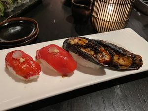 Watermelon and eggplant onigiri at PLANTA Queen in New York City