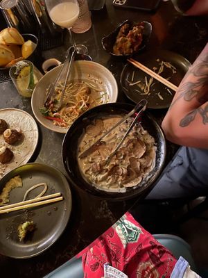 cauliflower tots, papaya salad, crispy broccoli, truffle udon at PLANTA Queen in New York City