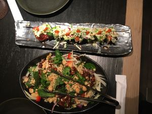 Sushi and Peking jackfruit. at PLANTA Queen in New York City