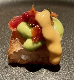 The spicy watermelon ahi was the star of this dish!  CRISPY RICE
avocado, spicy ahi watermelon at PLANTA Queen in New York City