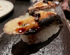 UNAGI EGGPLANT NIGIRI 
truffle miso at PLANTA Queen in New York City