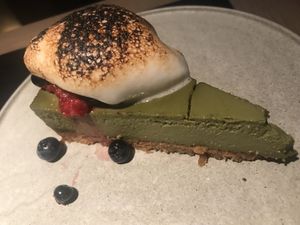 Matcha “cheese”cake with torched something at PLANTA Queen in New York City