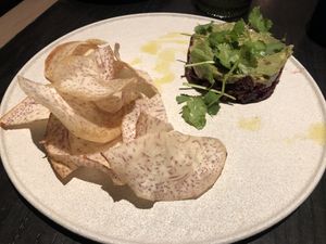 Avocado  and beet ceviche with tarot chips   at PLANTA Queen in New York City