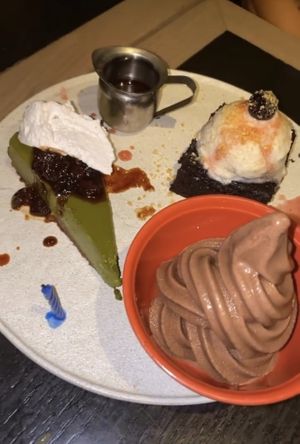 Matcha cheesecake, chocolate ice cream, brownie   at PLANTA Queen in New York City