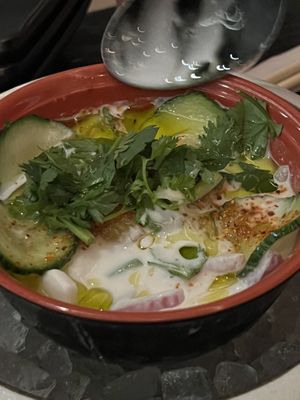 Coconut ceviche closeup  at PLANTA Queen in New York City