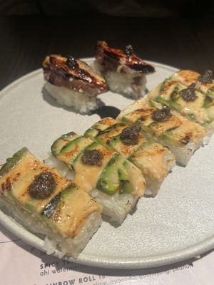 Torched and pressed (front) and unagi eggplant nigiri (back)  at PLANTA Queen in New York City