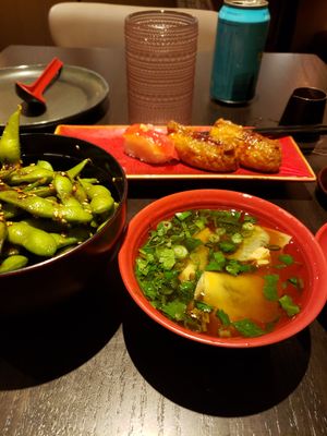 Won ton soup and chili edamame at PLANTA Queen in New York City