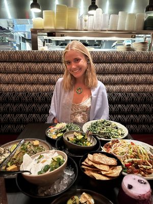 5 different meals (jackfruit, kelp noodles, Cesar salad, cucumbers, coconut chieve)  at PLANTA Queen in New York City