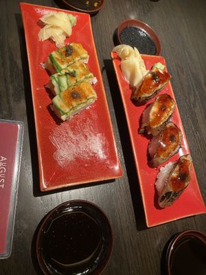 Torched and Pressed on the left. Unagi eggplant nigiri on the right.  at PLANTA Queen in New York City