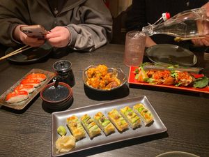 Left to right to bottom: Ahi Watermelon Nigiri, Bang Bang Broccoli, Japanese Sweet Potato, Torched & Pressed. at PLANTA Queen in New York City