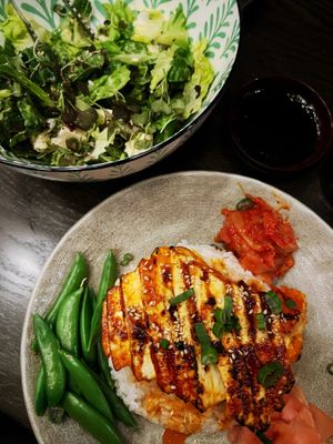 Miso glazed tofu salmon and baby gem green goddess salad  at PLANTA Queen in New York City