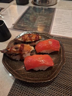 Unagi eggplant and ahi watermelon nigiri at PLANTA Queen in New York City
