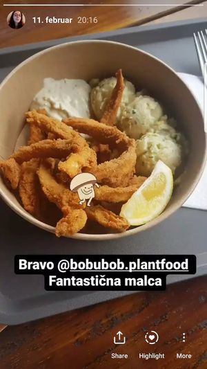 Delicious temporary "lunch" option. Fried mushrooms with tartar sause and potato salad.  at Bobu Bob in Ljubljana