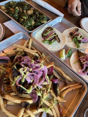Fries with mushrooms, Brussel sprouts, mushroom tacos    at Rough Cut Brewing Co in Kerhonkson
