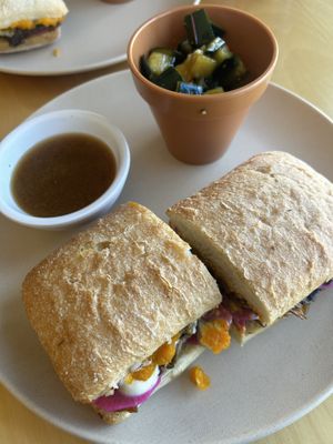 Mushroom dip with Asian cucumber salad. Love the little flower pot they serve sides in!  at Trillium Farm to Table in Laconia