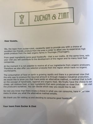 Menu description of organic/local/fair trade ingredients at Zucker and Zimt in Eisenach