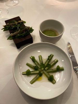 3 x asparagus, dumpling, tempura  at Eleven Madison Park in New York City