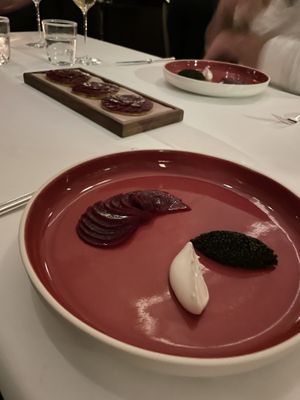 TONBURI
With Beet Tostada and Horseradish                       Mixtura, Treixadura, Gold Label Iberian Peninsula 2018  at Eleven Madison Park in New York City