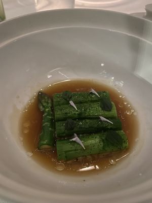 Asparagus in some beautiful broth that again had ingredients that sound invented but taste like heaven  at Eleven Madison Park in New York City