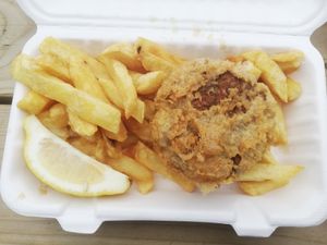 Vegan fishcake and chips at Harbour Lights Fish & Chips in Falmouth
