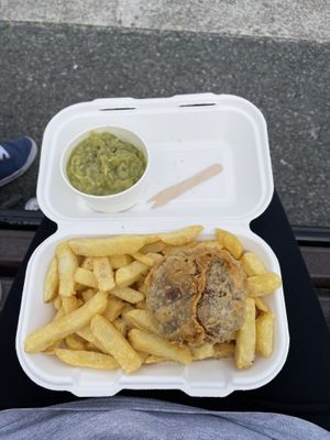 Fish cake, chips and peas  at Harbour Lights Fish & Chips in Falmouth