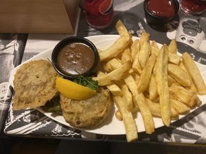 Vegan fish cakes and chips and curry sauce💗 at Harbour Lights Fish & Chips in Falmouth