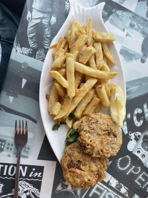 Vegan Fishcakes  at Harbour Lights Fish & Chips in Falmouth