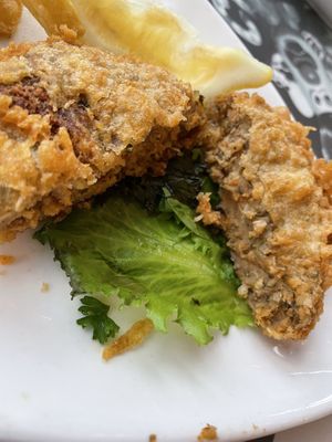 Inside the vegan fishcakes  at Harbour Lights Fish & Chips in Falmouth