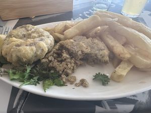 Jackfruit fish cake   at Harbour Lights Fish & Chips in Falmouth