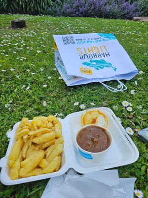 Chips with curry sauce. at Harbour Lights Fish & Chips in Falmouth