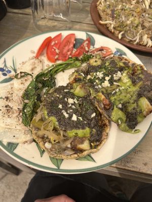 Vegan memelas and the broccolini tomato jicama salad. Upper right corner you can see a little of the quesillo memelas  at Etnofood in Oaxaca