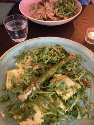 Pea ravioli & “stroganoff” in the background  at Pastan Bristol in Bristol