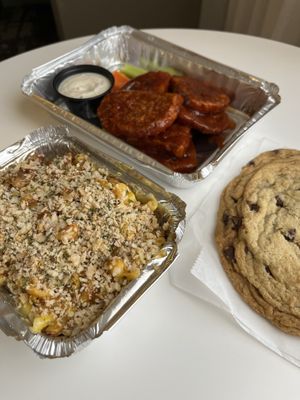 Buffaque Wings, Mac & Cheese w/ BBQ Soy Curls & Chocolate Chip Cookie (All Vegan)  at Subculture Vegan Deli & Provisions  in Albany