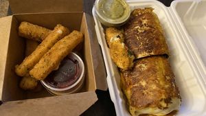 Mozz stix and weekly special soyrizo burrito   at Subculture Vegan Deli & Provisions  in Albany